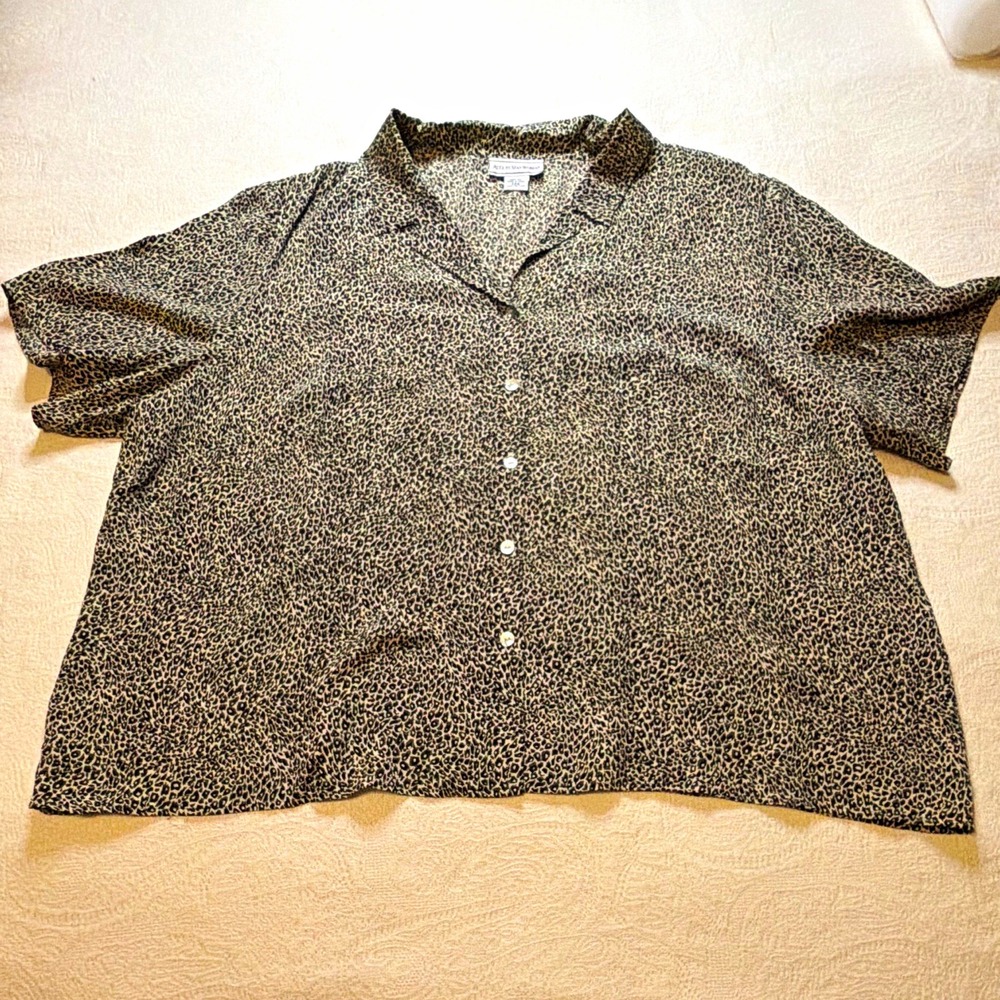 August Max Woman Silk Animal Print Button Up Blouse Plus 28W Black White Cheetah